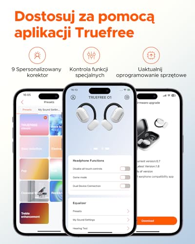 Truefree O1 Słuchawki Open Ear, słuchawki sportowe Bluetooth 5.3, bezprzewodowe słuchawki z przewodzeniem powietrza, wyraźne połączenia z 4 mikrofonami, sterowniki 16,2 mm, 45 godzin odtwarzania