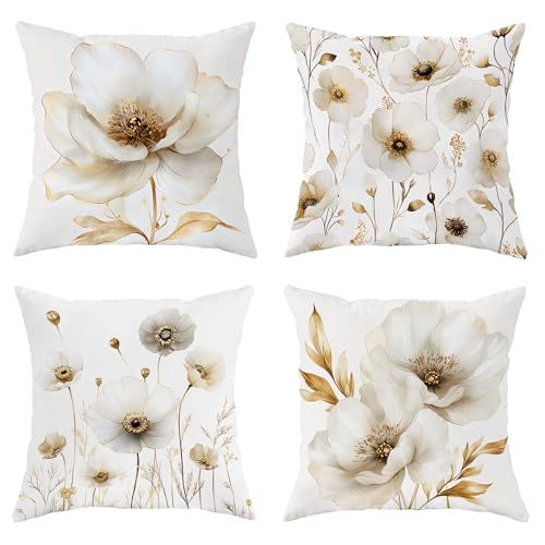 Federa per cuscino beige con fiori bianchi, decorazione moderna per