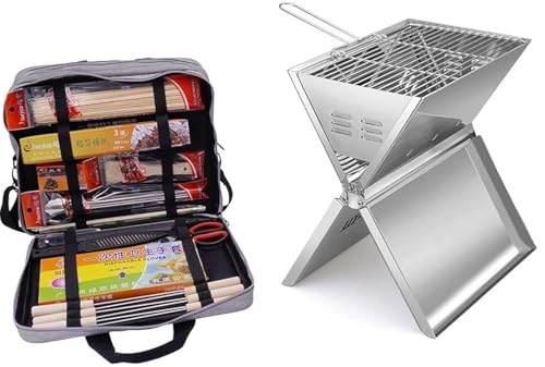 Kit de barbecue Ved pour hommes et femmes, barbecue en acier inoxydable très résistant, outils avec gants jetables, bâton en bambou, pinces, feuille d'étain, brosse, dans un sac en toile portable.