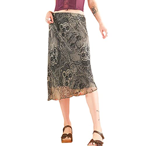 Women's Vintage Long Skirt Aesthetic Grunge Fairycore Skirts Y2k Boho Hippie Maxi Skirt Gypsy Dance Skirts (E-Floral Grey, Small)