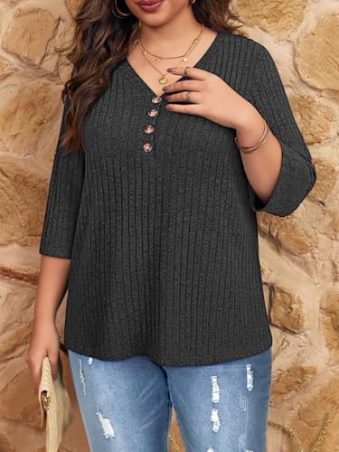 Image of Koscacy Women Plus Size V Neck 3 /4 Roll Sleeve Sweater Casual Knit Tops Solid Color Blouses
