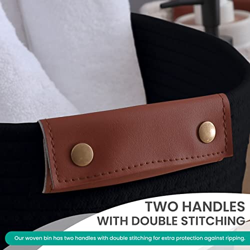 Organizix 3 Pack Woven Cotton Rope Shelf Storage Basket With Leather Handles, Baby Nursery Storage Bin Organizers, Closet Shelf Storage - 15 X 10 X 9, Black #TOP3