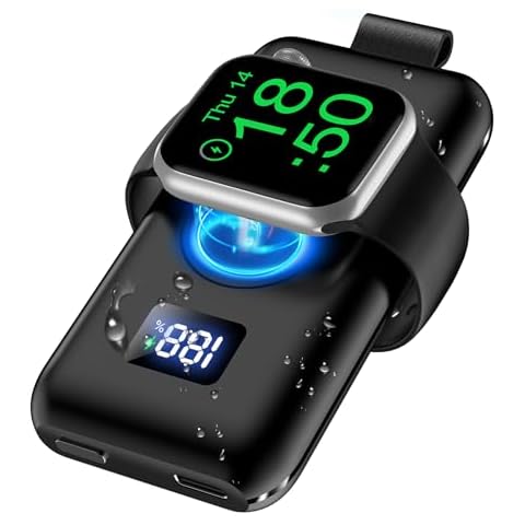xiwxi Upgraded Portable 1500mAh with LED Display Magnetic Wireless Charger Power Bank [IPX5 Waterproof] Travel Battery Pack for Apple Watch Series 9/8/UItra/7/6/5/4/3/2/SE-Black Cover