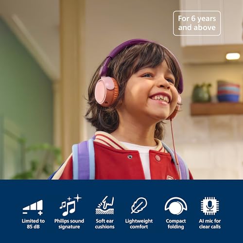 Philips TAK2000MP Casque Supra-auriculaire Pliable pour Enfants de la série 2000 - Volume limité, Partage Audio, câble 3,5 mm et USB-C Inclus - Violet Magenta