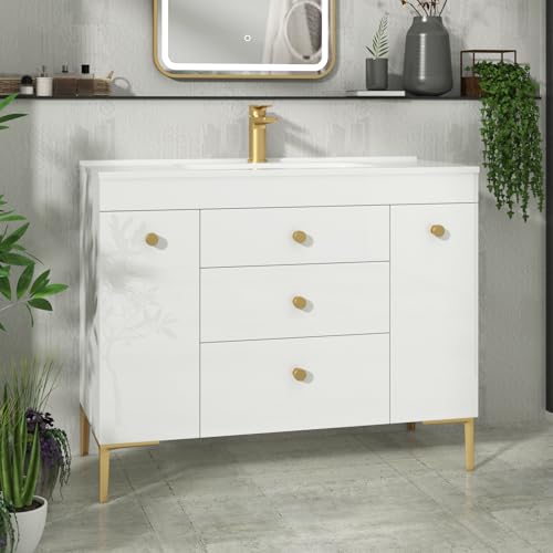 Royal Bathrooms Verona 1000mm Floor Standing Vanity Unit Ceramic Basin 3 Drawer & Dual Side Pull Out Cabinet Furniture Gloss White with Brushed Brass Knob