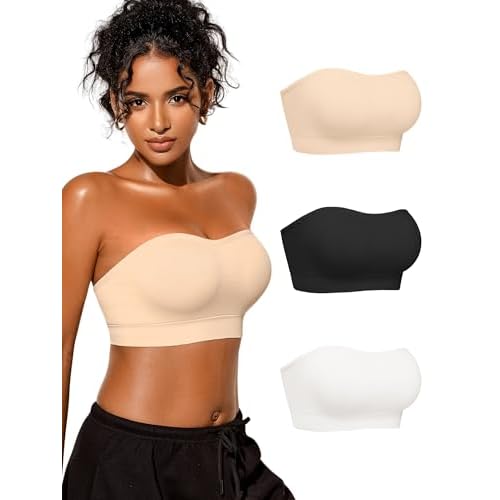 Strapless Bras for Women, S-XL, Non-Slip Silicone Padded Bandeau Bra with Free Clear Strap, Wireless Tube Top Bralette Skin+black+white Large