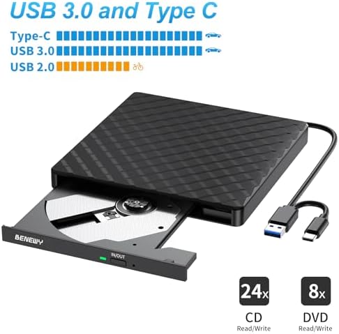 Zewnętrzny napęd CD DVD, przenośny czytnik dysków CD DVD +/- Rw USB 3.0 i typu C, nagrywarka DVD/CD ROM, nagrywarka DVD/CD ROM, Nadaje się do notebooków, komputerów stacjonarnych, Macbook, Mac