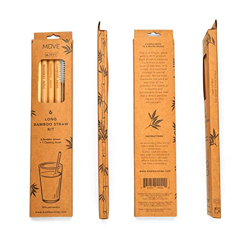Bamboo Step - 6 Long Bamboo Straw Kit - “Bamboo Move” Line: 6 Reusable 9.9" (25Cm) Bamboo Straws And A Cleaning Brush In A Kraft Paper Box. 3 Different Diameter Sizes Included. #TOP1