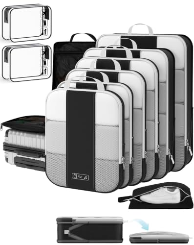 Image of OlarHike 11 Set Compression Packing Cubes for Travel Essentials,Compressible Expandable Space Saver Bags for Organizing Clothes,Luggage Suitcase Garment Bags with Over 1000 pcs Mesh Holes(Yellow)