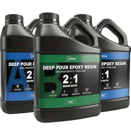 Deep Pour Epoxy Resin 2:1 Kit, 3 Gallon, 2-4 Inch Pour Depth, Crystal Clear Bubble-Free Casting Resin for River Tables, Table Tops, Wood Filler, Molds, Crafts, Low Odor, High Gloss by OSBANG - Used condition - US$99.66