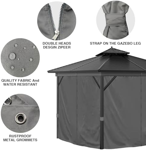 10'x12' Privacy Gazebo Curtains Outdoor Waterproof, 4-Panels Sidewall Curtain Universal Replacement with Zipper for Patio, Backyard, Garden (Only Curtains, Grey) image 14