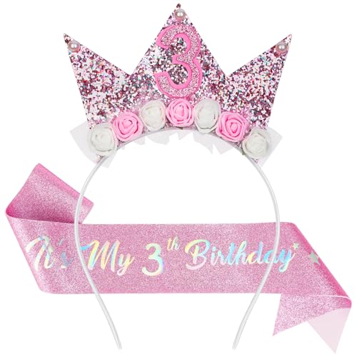 AOOTE Bandeau d'anniversaire pour Enfants de 3 Ans, Couronne Princesse Couronne d'anniversaire pour Fille, Serre-Tête Anniversaire Couronnes Princesse Rose Fille