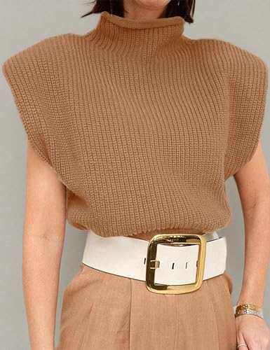 Image of Womens Sleeveless Sweater Vest Turtleneck Ribbed Knit Tank Tops Basic Slim Fit Top