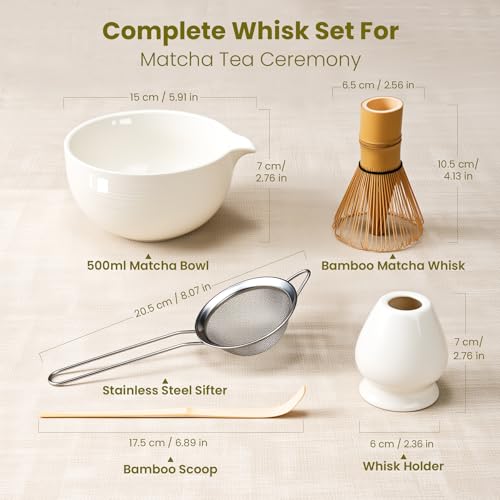 Matcha Whisk Set, Ceramic Bowl Matcha Kit & Handcrafted Bamboo Chasen, Complete 5 Pcs Matcha Set Whisk and Bowl, Stainless Steel Sifter, Bamboo Scoop & Holder for Matcha Lovers - Image 2