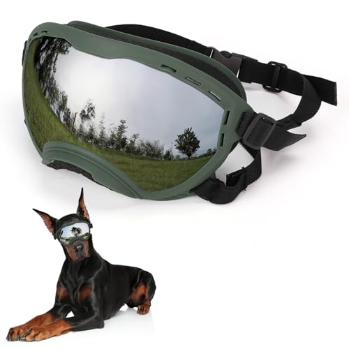 Flantor Dog Goggles for Large Dogs, UV Wind Dust Fog Protection, Soft Frame Adjustable Dog Sunglasses, Summer Driving & Winter Snow Eyewear, Tactical Pet Glasses with Elastic Strap (Green) by Flantor - Used condition - US$18.39