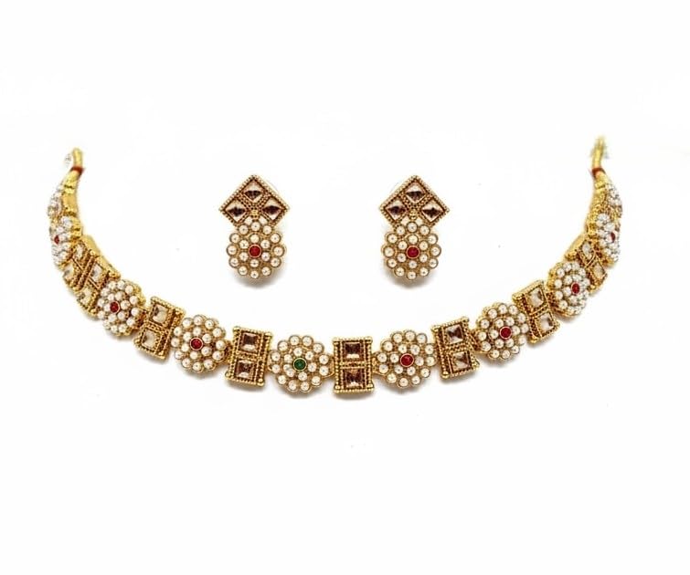Copper Plated Traditional Choker Necklace Set with White Pearl Beads, Green and Pink Stone Accents-image-19