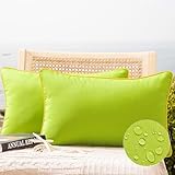 Phantoscope Pack of 2 Outdoor Waterproof Throw Pillow Covers with Contrast Piping, Decorative Square Cushion Case Patio Pillows for Couch Tent Sunbrella, Lime Green 12x20 inches