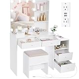 ANWBROAD Makeup Vanity Desk with Mirror & 10 LED Lights Big Vanity Set with Charging Station, Nightstand, Drawers, Storage Shelves, Stool, Bedroom Dressing Table for Women Girls White UBDT13W