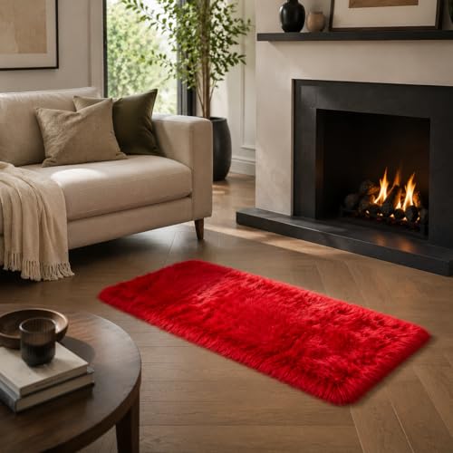 EasyJoy Ultra Soft Faux Fur Rug Fluffy Sheepskin Rug for Bedroom Living Room Sofa Bedside Floor(2 x 4 ft Rectangle, Red)