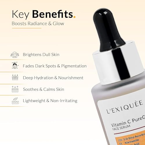 Generic L'EXIQUÉE Vitamin C Serum for Face: 10% Stable 3-O-Ethyl Ascorbic Acid, 5% Niacinamide, Ferulic Acid | Pure Glow, Dark Spot Corrector, Anti-Aging | For All Skin Types | 1.01 fl oz
