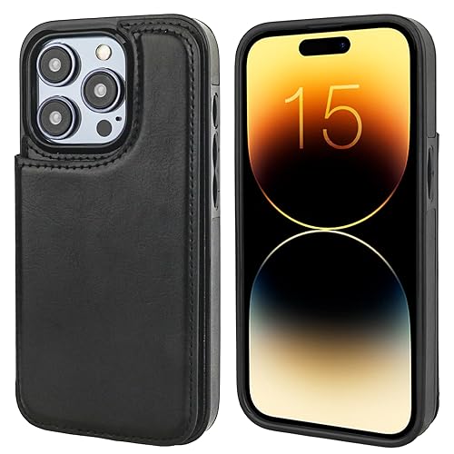 Onetop Compatible with iPhone 15 Pro Wallet Case with Card Holder, PU Leather Kickstand Card Slots Case, Double Magnetic Clasp and Durable Shockproof Cover 6.1 Inch (Black)