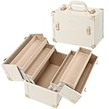 Joligrace Makeup Train Case Large Portable Cosmetic Makeup Storage Box Organizer Lockable with 4 Tray Compartments Retro Champagne Beige Vegan Leather (Long Tray Version)