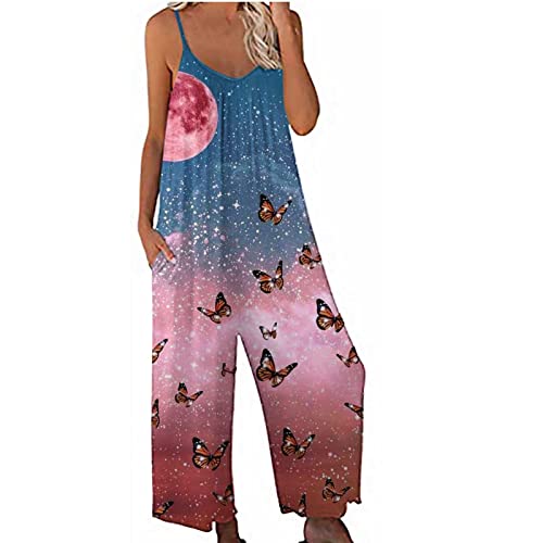 Zdrzk Grey Jumpsuit For Women Cute Butterfly Print Jumpsuits Casual Sleeveless Spaghetti Strap Wide Leg Long Pant Romper Loose Comfy Patchwork Skirt #TOP16
