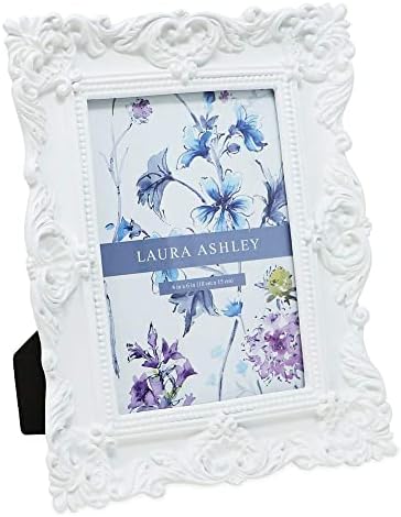 Laura Ashley 4x6 White Ornate Textured Hand-Crafted Resin Picture Frame with Easel & Hook for Tabletop & Wall Display, Decorative Floral Design Home Décor, Photo Gallery, Art, More (4x6, White)