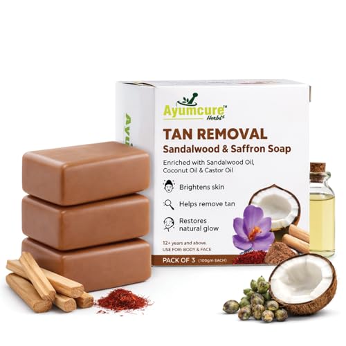Image of Ayumcure Tan Removal Soap with Sandalwood & Saffron | Brightening & Glow Care | Removes Tan & Dullness | Nourishes Skin | For Face & Body | Pack of 3 (100g Each) | Men & Women