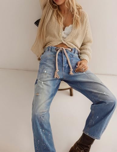 Womens Moxie Pull-On Barrel Jeans Mid-Low Rise Boyfriend Drawstring Ankle Baggy Jeans Elastic Waist Stretchy Denim Pants4