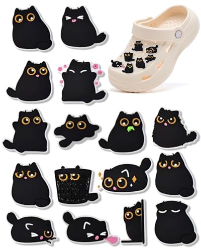 MOPZIJA Lot de 16 breloques en forme de chat noir, Charmes de Chaussure de PVC, pour sabots DIY - Décoration de chaussures, decoration crocs, Pour adultes,...