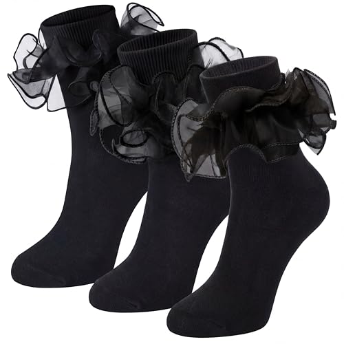Image of Geyoga 3 Pairs Women Big Ruffle Socks Turn Cuff, Double Lace Ankle Cotton Frilly Socks for Ladies Summer