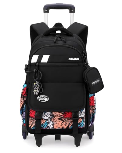 Tanou Mochila con Ruedas Niño, 28L Mochilas Escolares Grandes Adolescentes con Carro, Mochila Negro Trolley Desmontable para Chico con Monedero, 6 Ruedas