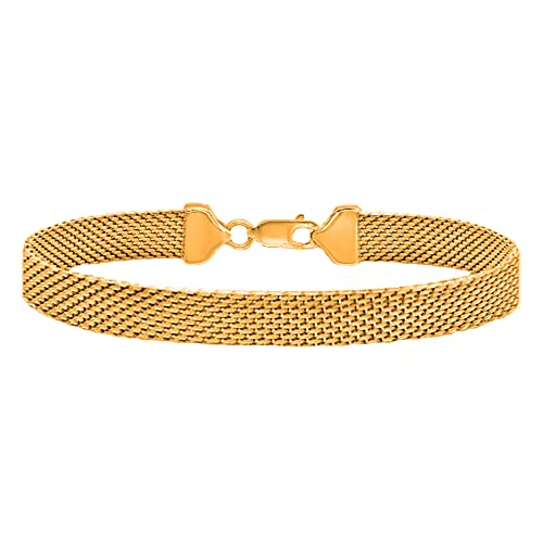 Savlano 925 Sterling Silver 7MM Coreana Flat Mesh Chain Bracelet - 18K Gold Plated 7.5 Inch Mesh Bracelet for Women - Made in Italy Comes Gift Box