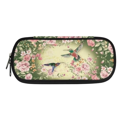 Image of Hummingbird Rose Flower Pencil Pouch Organizer, Multi-Slot Pen Case Pencil Holder Makeup Bag Spacious Pencil Box Holder with Zipper
