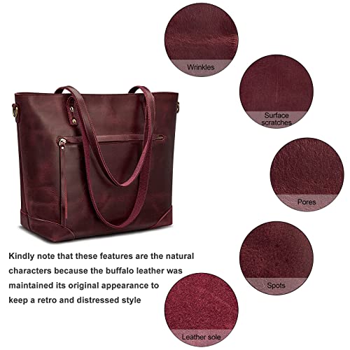 S-ZONE Vintage Genuine Leather Shoulder Bag Work Totes for Women Purse Handbag with Back Zipper Pocket Large