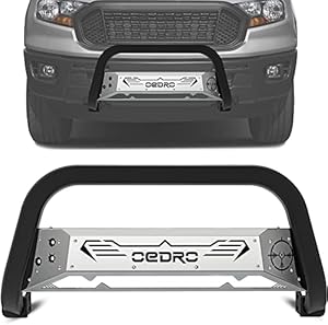 oEdRo Bull Bar Fits 2019-2023 Ford Ranger, Off-Road Truck Grille Brush Push Bumper Guard Textured Black & Silver, w/ Silver Skid Plate & Light Mount
