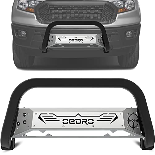 Oedro Bull Bar Fits 2019-2023 Ford Ranger, Off-Road Truck Grille Brush Push Bumper Guard Textured Black & Silver, W/Silver Skid Plate & Light Mount #TOP10