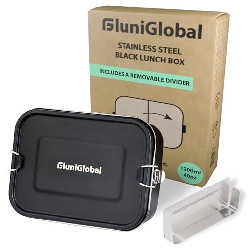 FLUNIGLOBAL Stainless Steel Lunch Box for Adults | 40 oz | Leak Proof with Silicone Locks | Elegant & Eco-friendly Metal Container for Travel | Removable Divider | Black
