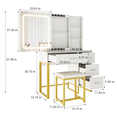 Vanity Desk, Makeup Vanity Desk with Mirror and Lights, Power Outlets, Cushioned Chair, Hairdryer Holder, 3 Lighting Colors, 4 Drawers and 5 Storage Shelves for Bedroom