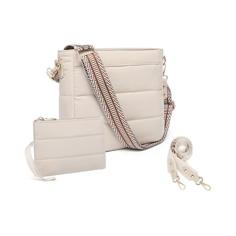 Purses for Women 2PCS Puffer Quilted Crossbody Shoulder Hobo Bags Trendy Ladies Handbag with Coin Wallet 2 Adjustable Straps, Beige Cover