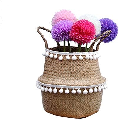 SZETOSY Natural Seagrass Storage Basket - GOODCHANCEUK Seagrass Belly Basket With PomPom Foldable Woven Basket With Handle for Laundry, Toys or Planters,Nursery Style#5 22x20CM