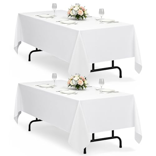 Decorelia White Reusable Waterproof Table Cloths for 8 Ft Rectangle Table-2 Pack, Washable Polyester Rustic Rectangular Table Cloth Cover for Wedding,Outdoor,Events, Party,Banquet, Dining, 60x120 Inch