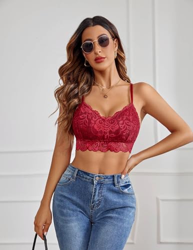 Image of Avidlove Lace Bralettes for Women Padded Bralette Camisole Racerback Crop Top Floral Lace Bralettes V Neck
