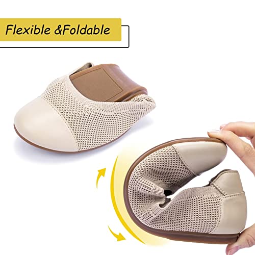 Frank Mully Women's Ballet Flats Round Toe Walking Flats Slip On Work Shoes Knitted Flats Shoes For Woman Soft Lightweight,Synthetic Leather,Ecru 9.5 #TOP3
