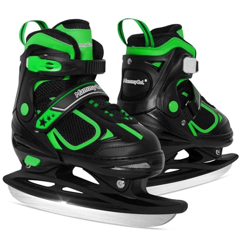 MammyGol Adjustable Ice Skates for Kids Boys and Girls, Hockey Lace-Up Skate, Green Ice Skating Size S for Beginner