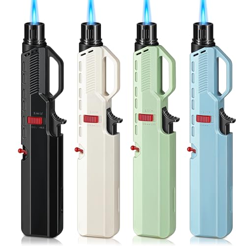 Wanbro 4 Pack of Torch Lighter, Windproof & Adjustable Jet Flame, with Visible Window & Safety Lock, Long Butane Gas Refillable Lighters for Candle, Grill, Camping (NO Gas)