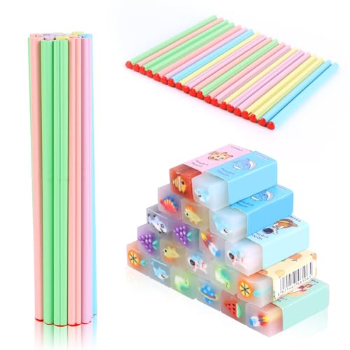 PBUSPU 20 Lapices 20 Gomas, Juego de Gomas de Borrar 4 Colores de Cuerpo Diferentes 4 Gomas de Borrar con Diferentes Motivos,Material Escolar Adecuado para el Aprendizaje