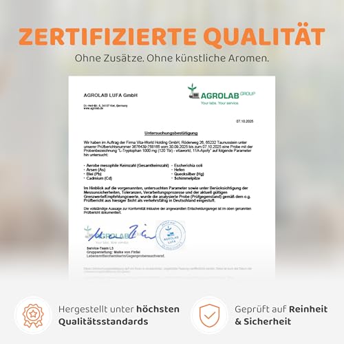 L-Tryptophan - L Tryptophan hochdosiert 1000mg je Tablette (120 vegane Tabletten) - Aminosäure aus pflanzlicher Fermentation - ohne unerwünschte Zusätze, glutenfrei und laktosefrei - vitaworld