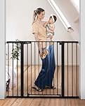 COMOMY 91.5cm Extra Tall Baby Gate for Stairs Doorways, Fits Openings 75-124cm Wide, Auto Close Extra Wide Dog Gate for House, Pressure Fit Easy Walk Through Pet Gate with Door, Black
